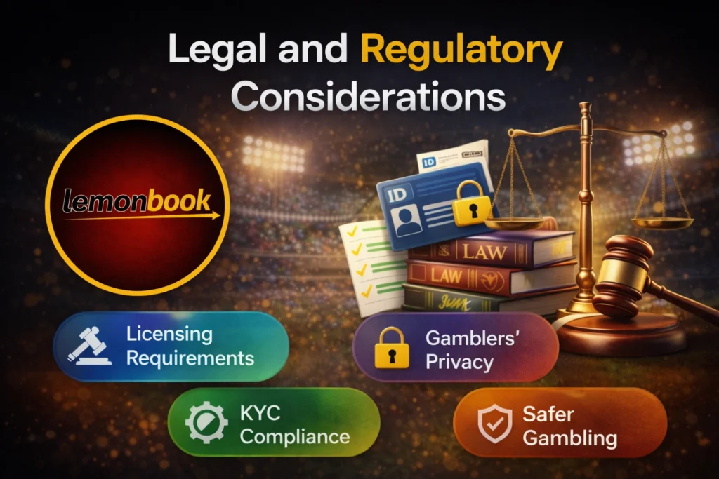 Legal and regulatory considerations in a sports betting platform with Lemonbook logo, compliance shield, law concept and secure online betting system.