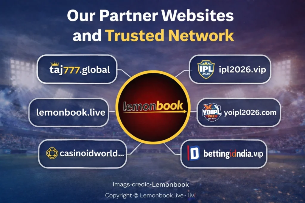 Our Partner Websites and Trusted Network featuring Lemonbook logo and partner platforms lemonbook.live, taj777.global, casinoidworld.com, bettingidindia.vip, ipl2026.vip and yoipl2026.com.