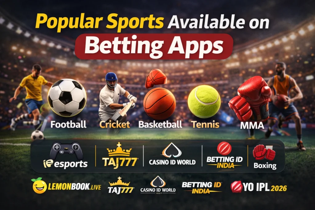 Popular sports available on betting apps including football cricket basketball tennis MMA esports with betting platform logos