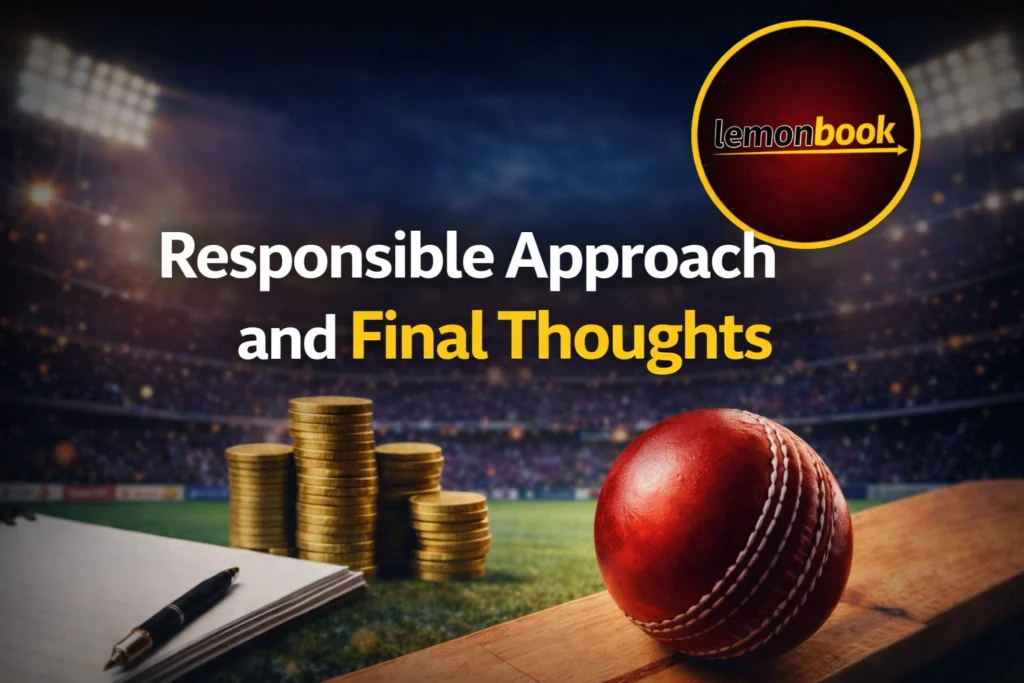 Responsible approach and final thoughts on IPL Cricket Betting with Lemonbook logo and cricket stadium background