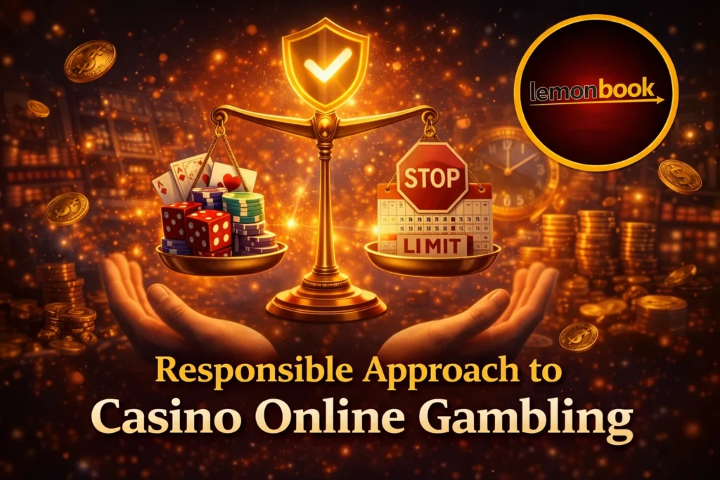 Responsible casino online gambling concept with Lemonbook logo showing balance, control, and safe gaming elements