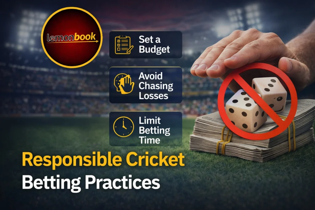 Responsible cricket betting practices guide with Lemonbook logo and cricket betting concept in stadium background