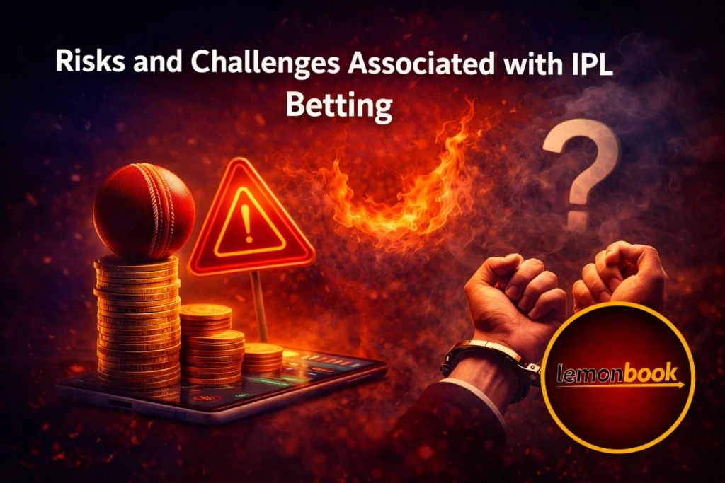 Risks and challenges associated with IPL betting showing cricket betting interface and Lemonbook logo