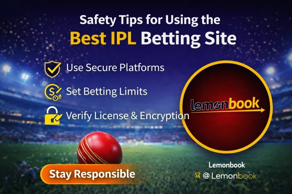 Safety tips for using the Best IPL Betting Site with Lemonbook logo and cricket theme