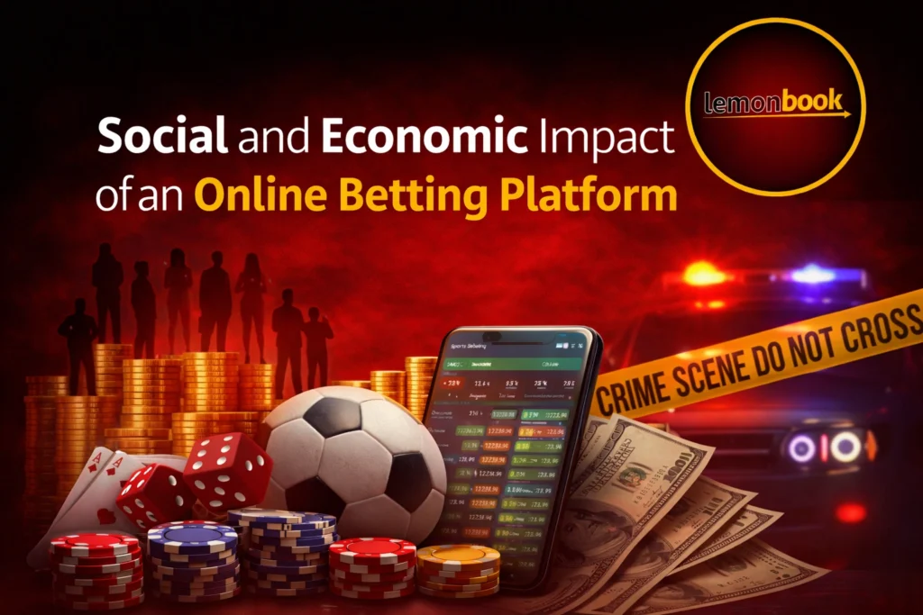 Social and economic impact of an online betting platform banner featuring Lemonbook logo, sportsbook app, casino chips, stacked coins, and financial risk concept