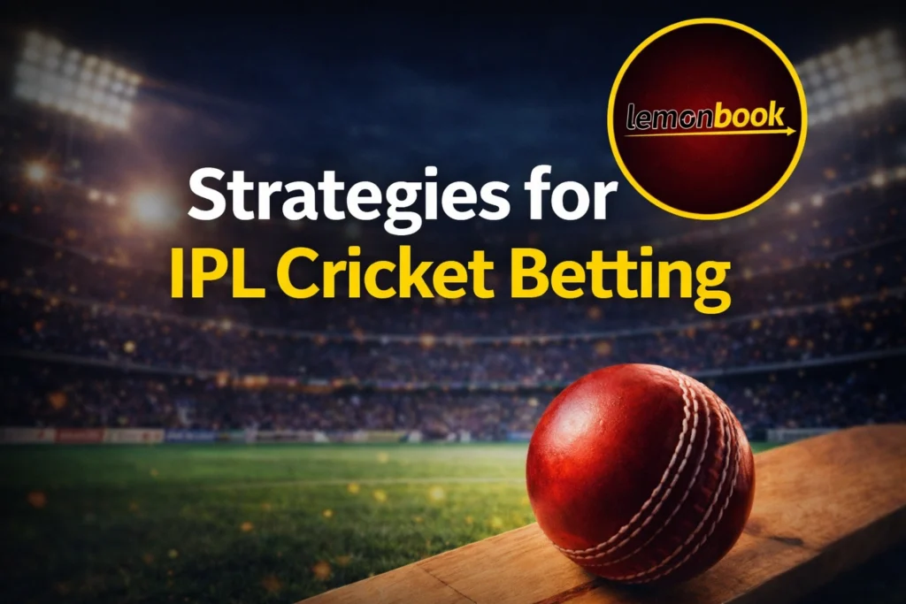 Strategies for IPL Cricket Betting with cricket ball bat and Lemonbook logo in stadium background