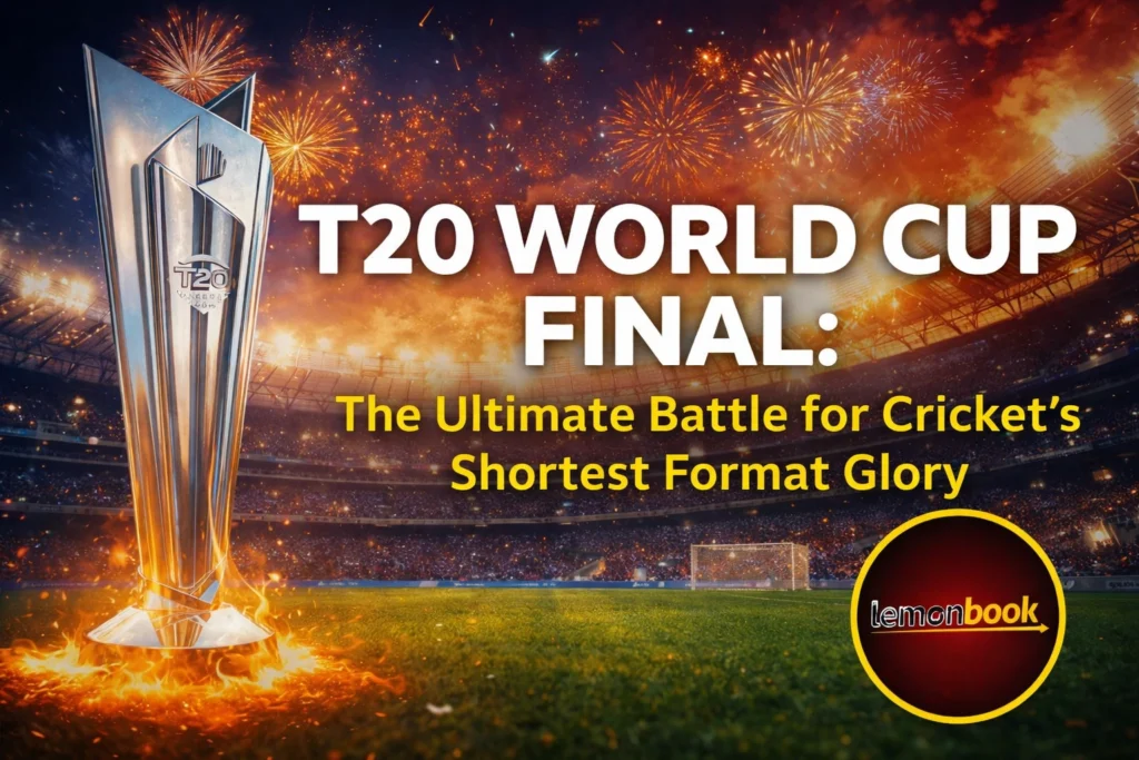 T20 World Cup Final ultimate battle for cricket glory stadium match moment with Lemonbook logo