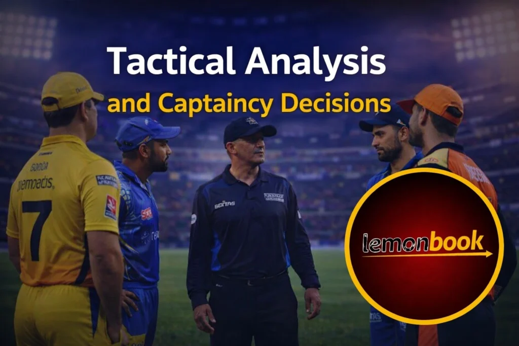 Tactical analysis and captaincy decisions in IPL Match ID with cricket strategy scene and Lemonbook logo