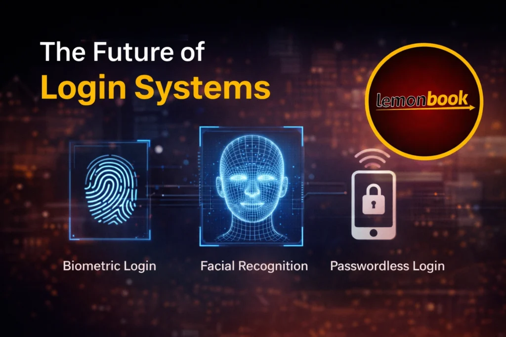 Future of login systems showing biometric authentication, facial recognition, fingerprint scan and passwordless login with Lemonbook logo