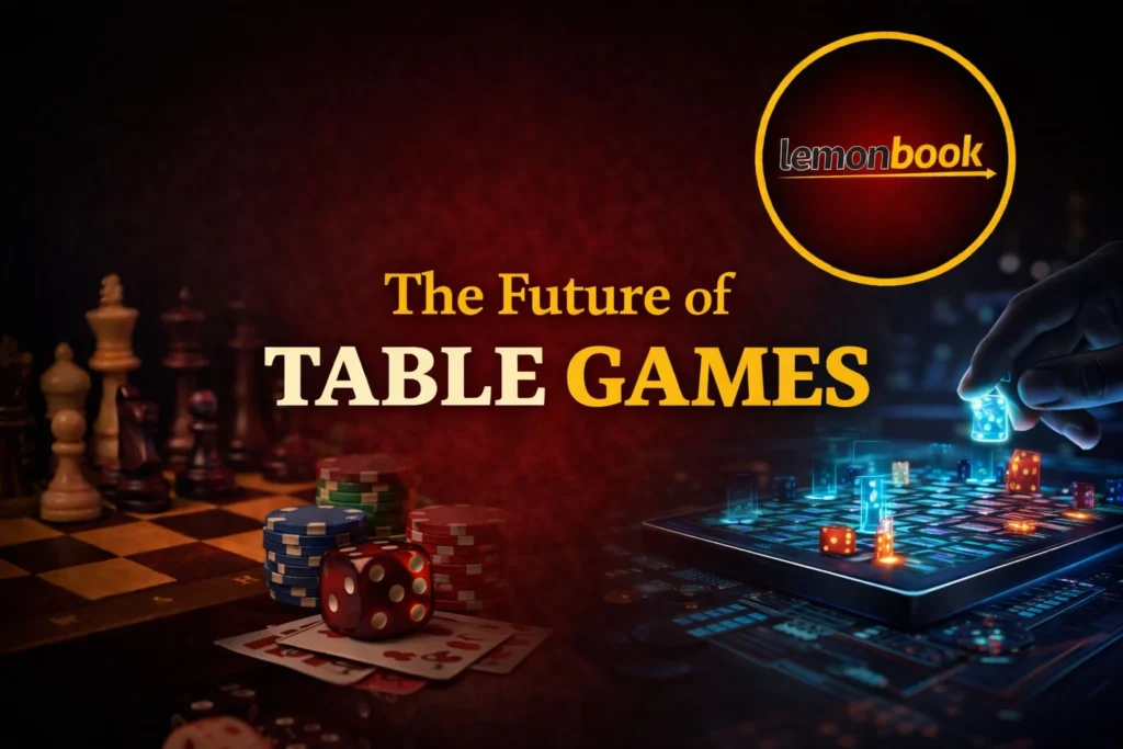 The Future of Table Games banner featuring chess pieces, dice, poker chips and Lemonbook logo representing innovation strategy and modern tabletop gaming.