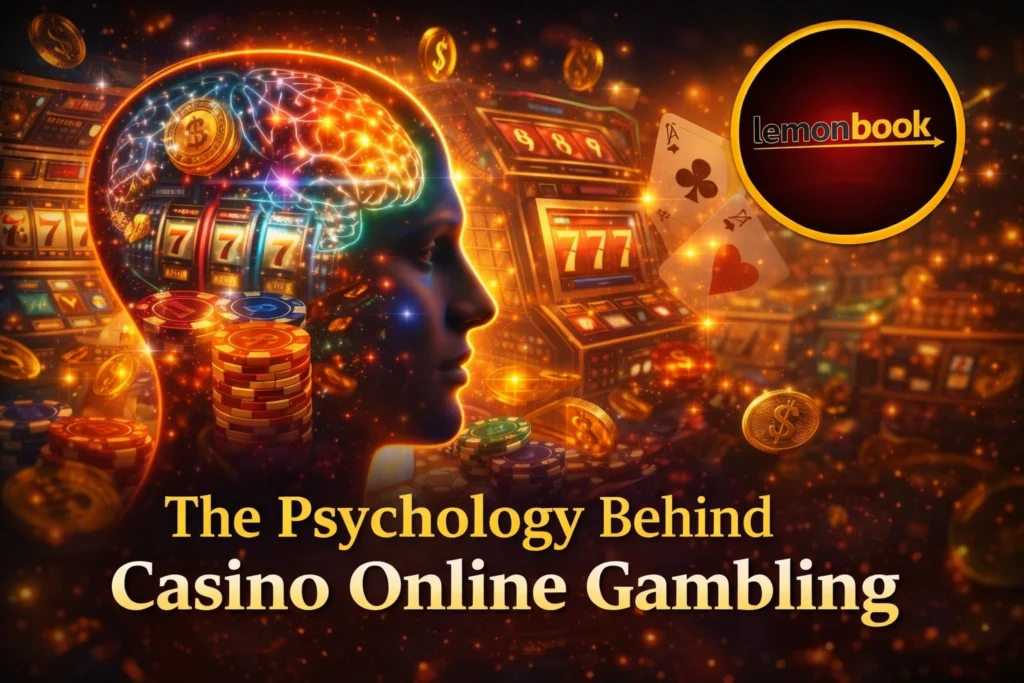 Psychology behind casino online gambling with Lemonbook logo showing brain, casino chips, and digital gaming elements