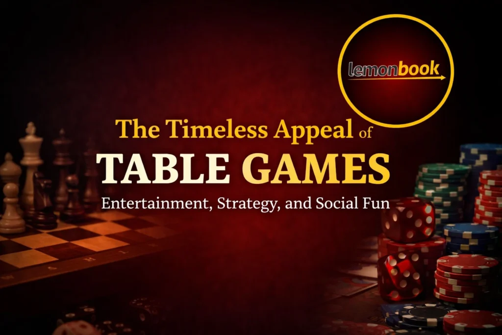 The Timeless Appeal of Table Games banner with chess board, dice, poker chips and Lemonbook logo representing entertainment strategy and social fun.