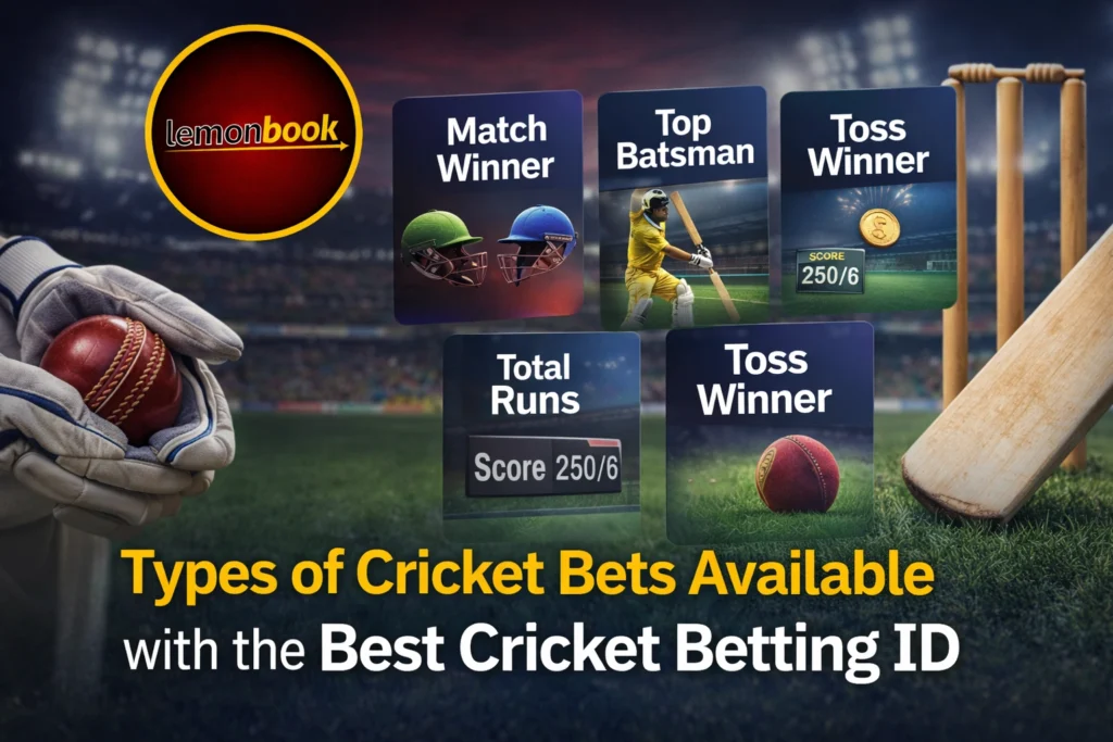 Types of cricket bets available with the best cricket betting ID featuring Lemonbook logo and betting options like match winner and top batsman