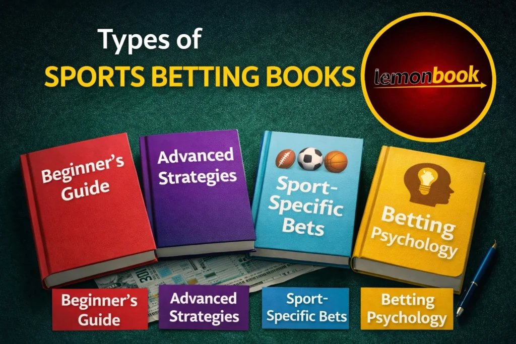 Types of sports betting books guide with Lemonbook logo showing beginner strategy and analytics betting books