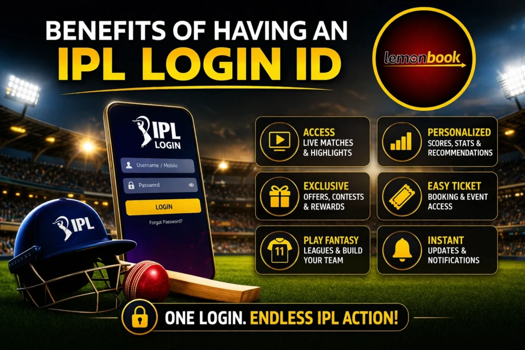 Benefits of having an IPL Login ID with Lemonbook logo showing secure access personalization fantasy leagues and exclusive features