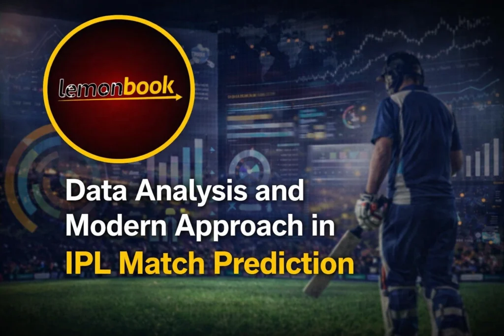 Data analysis IPL match prediction image with Lemonbook logo, cricket analytics dashboard and stadium background