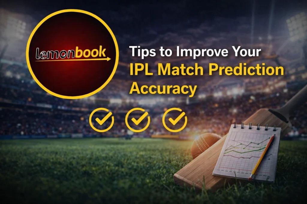 IPL match prediction tips image with Lemonbook logo, cricket stadium background and strategy insights